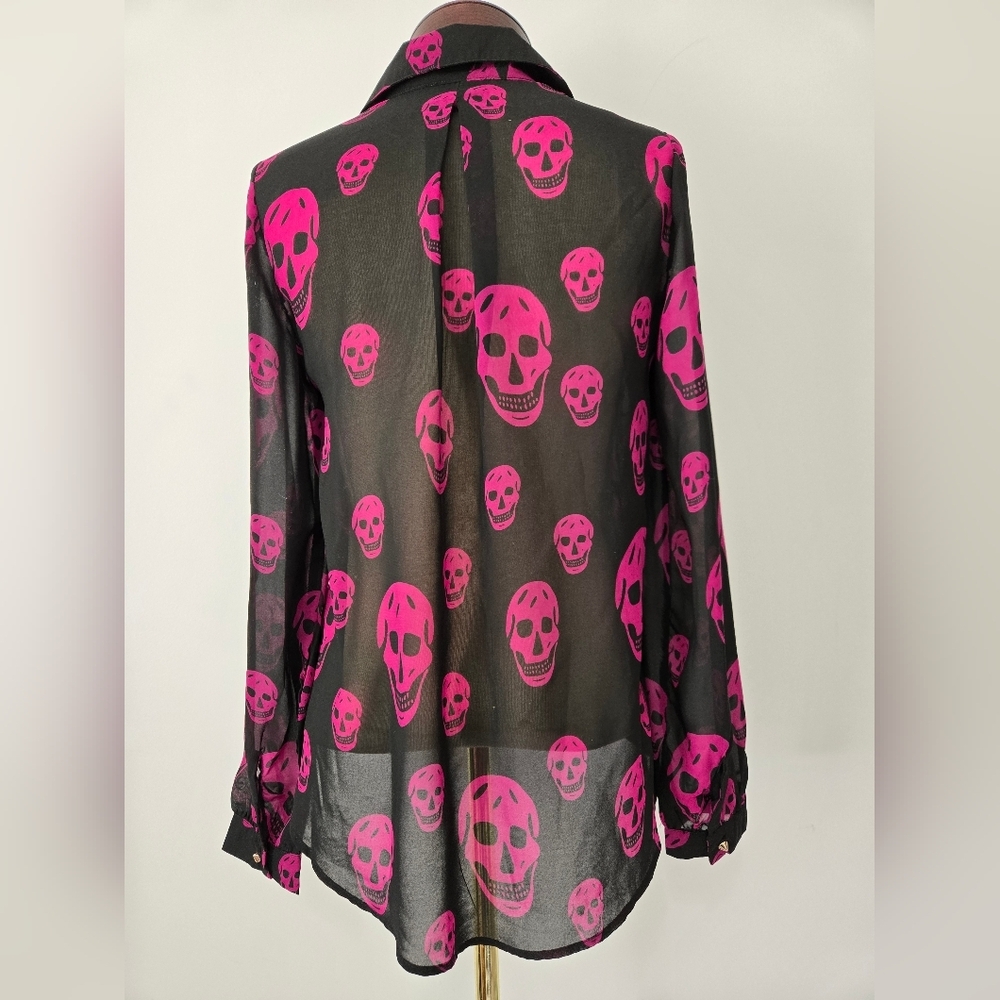 Black and Pink Sheer Skull Blouse with Studded Silver Buttons. Size Small - Picture 5 of 10